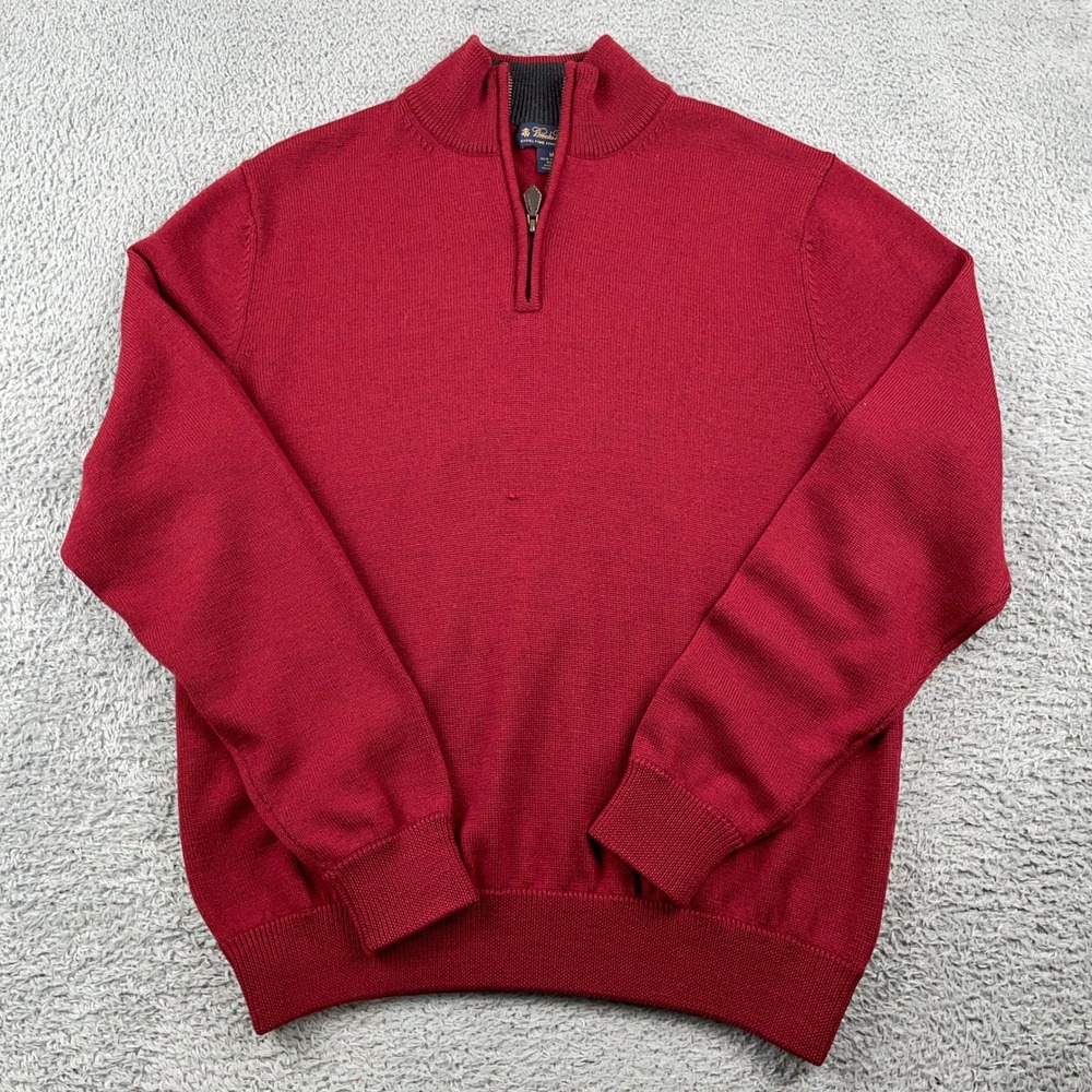 Brooks Brothers Sweater Mens Medium Red 1/4 Zip Italian Merino Wool Pullover - Picture 2 of 11
